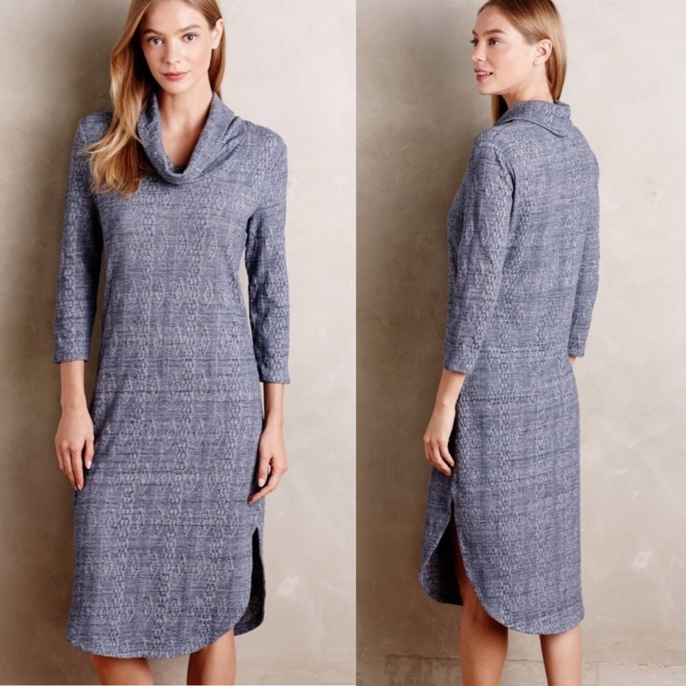 Anthropologie MTWTFSS Blue Cowl Neck Knit Midi Sweater Dress Cozy Vintage Size M